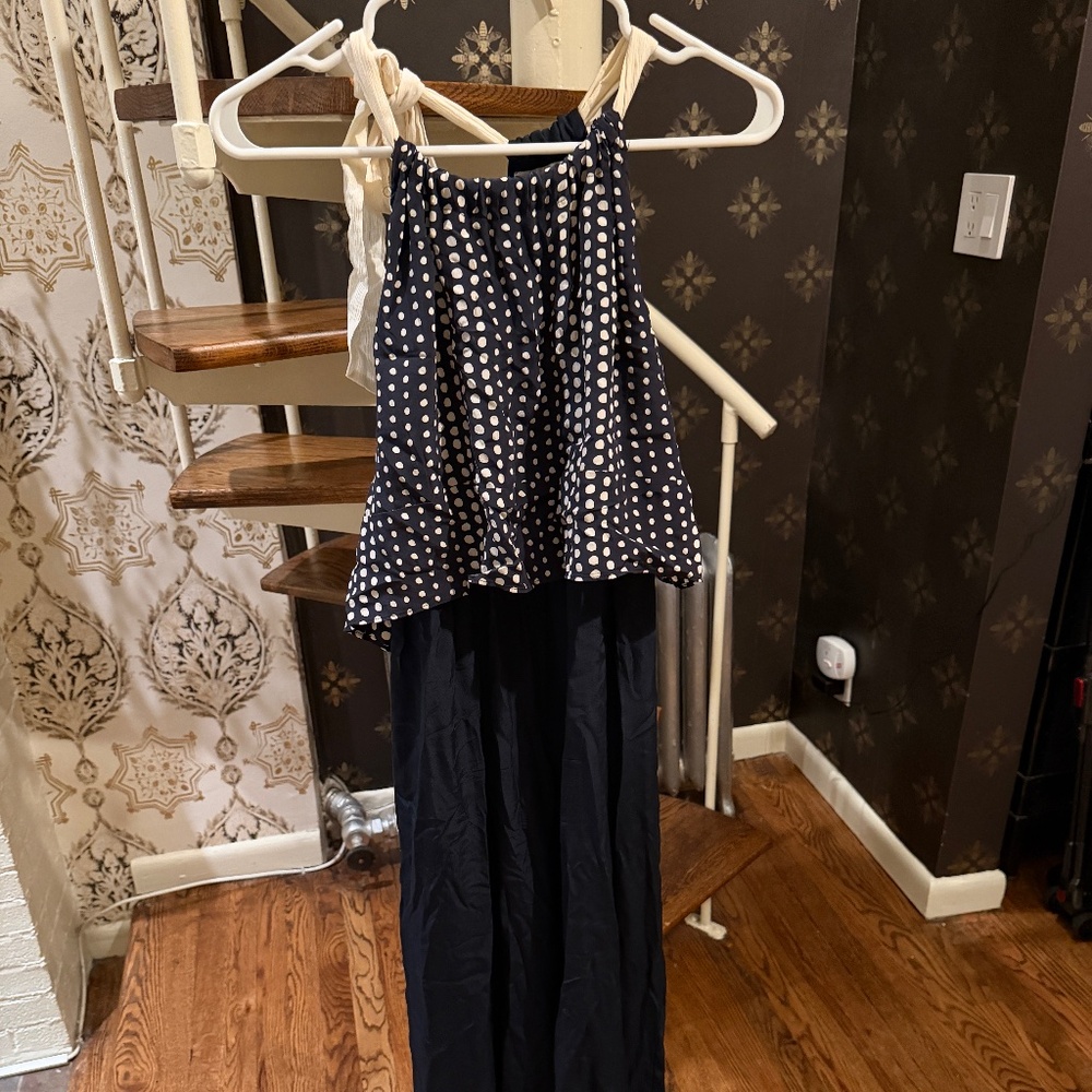 XS Anthropologie Navy Blue, Cream Polka Dot Jumpsuit